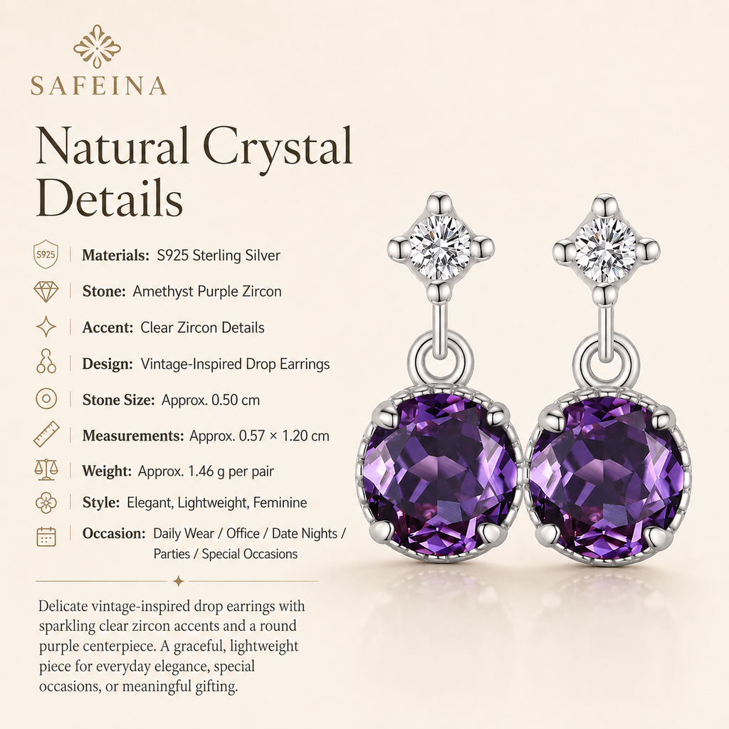 Amethyst Purple Zircon Sterling Silver Drop Earrings - Detail Close-up