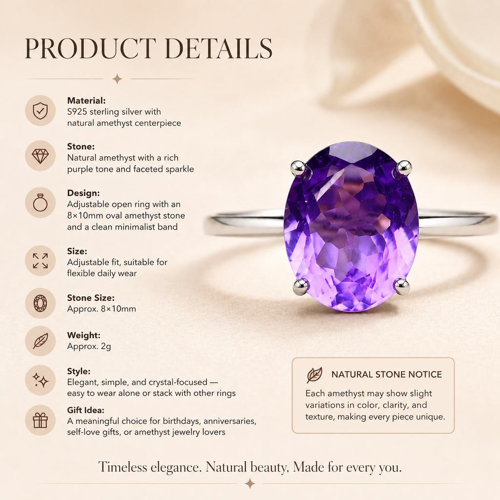 Amethyst Adjustable Ring S925 Sterling Silver - Detail Close-up