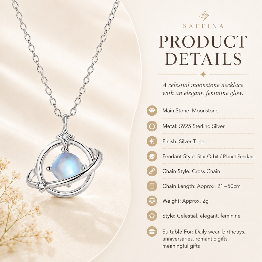 Natural Moonstone Star Orbit Necklace in S925 Sterling Silver