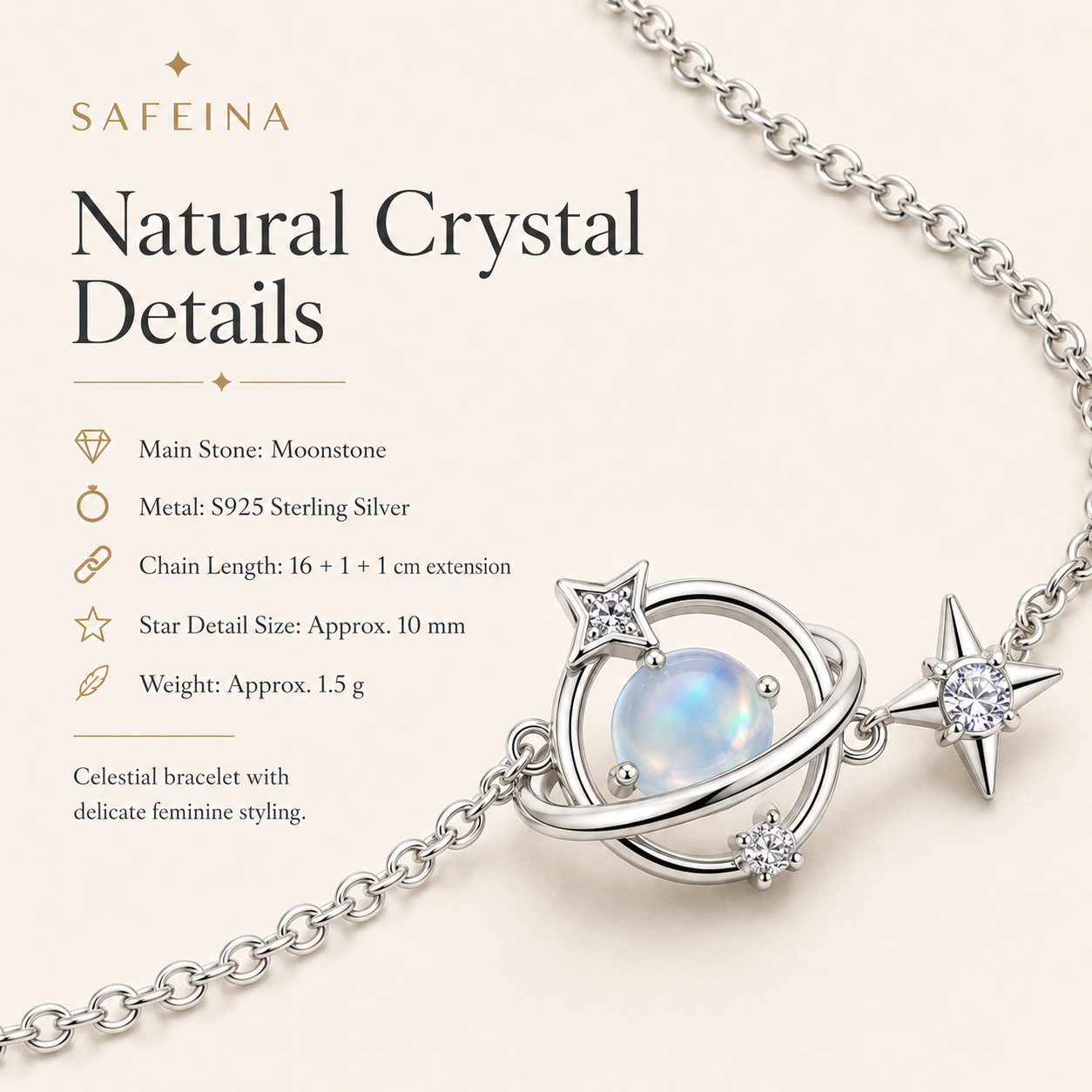 oonstone Star Orbit Bracelet S925 Sterling Silver - Detail Close-up