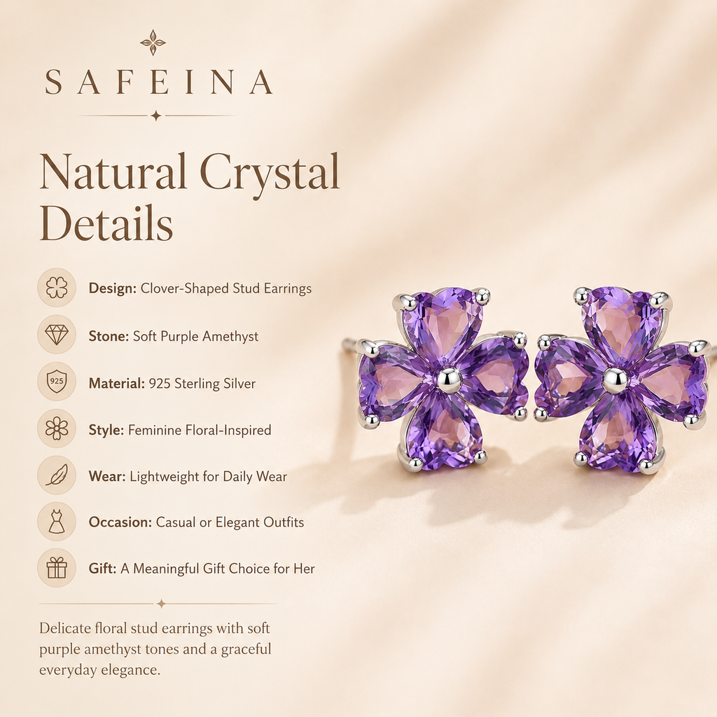 Amethyst Clover 925 Sterling Silver Stud Earrings - Detail Close-up