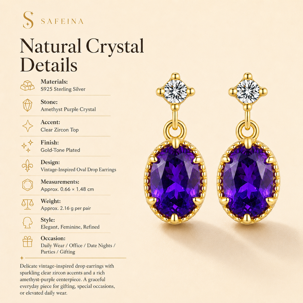 Amethyst Purple Crystal Sterling Silver Gold Drop Earrings - Detail Close-up
