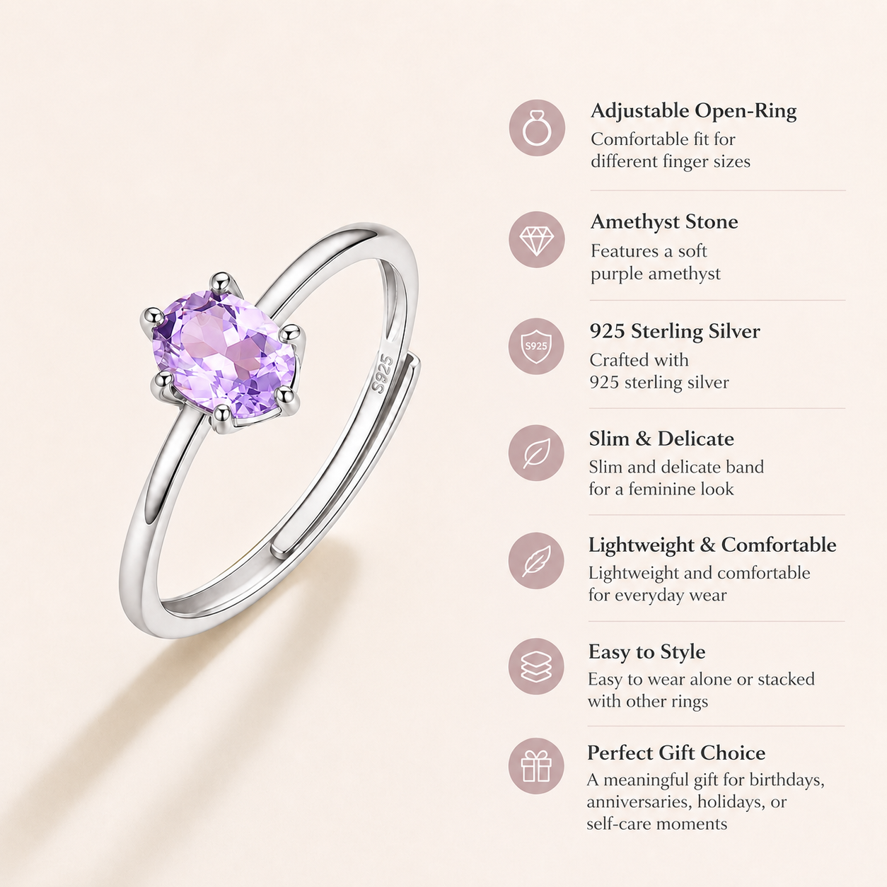 Amethyst Adjustable 925 Sterling Silver Ring - Detail Close-up