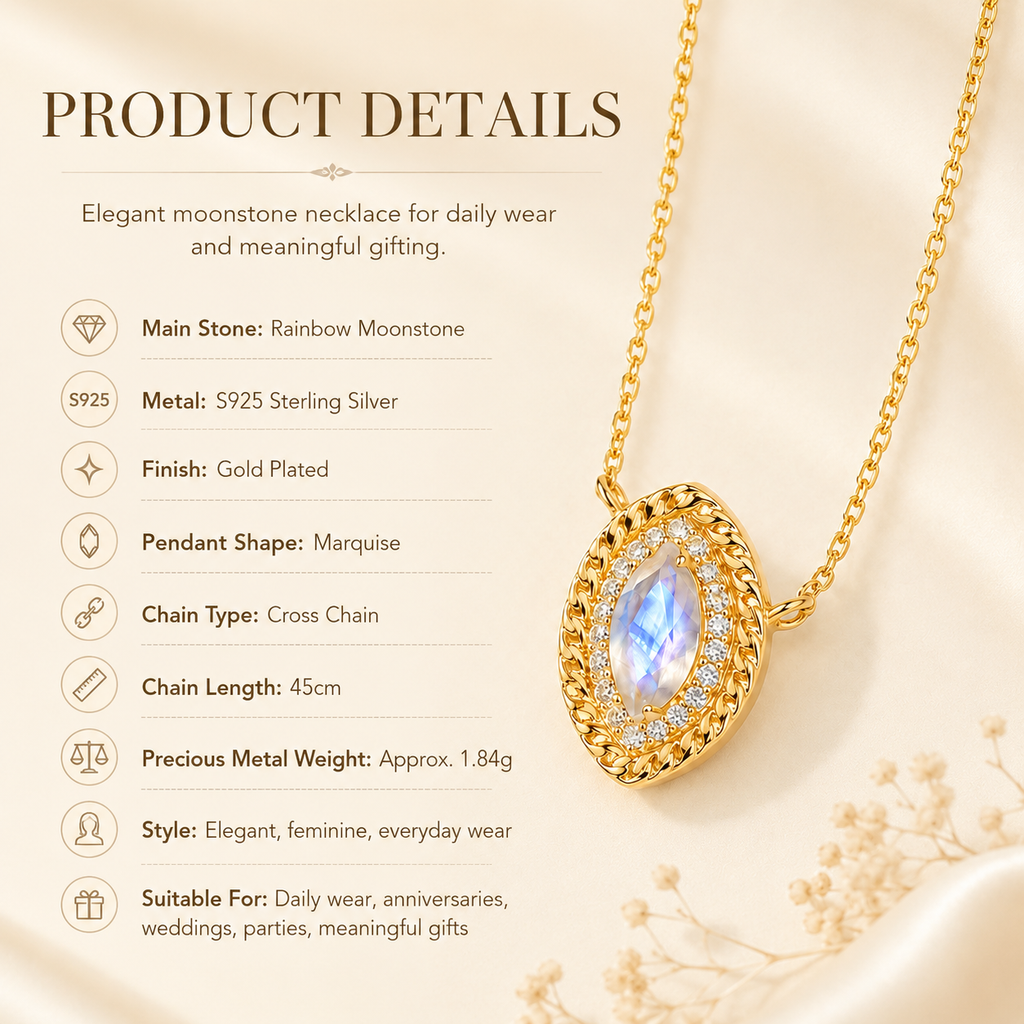 Rainbow Moonstone Pendant Necklace in Gold-Plated S925 Silver