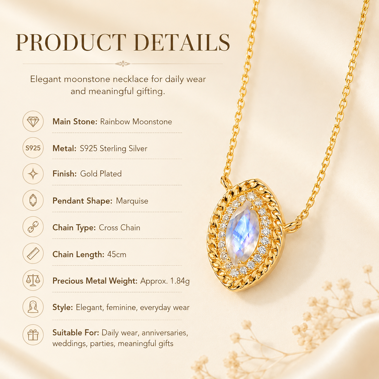 Rainbow Moonstone Pendant Necklace in Gold-Plated S925 Silver