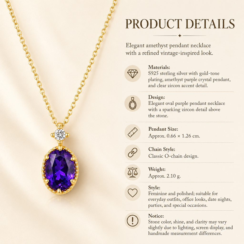 Amethyst Purple Crystal Sterling Silver Gold Necklace