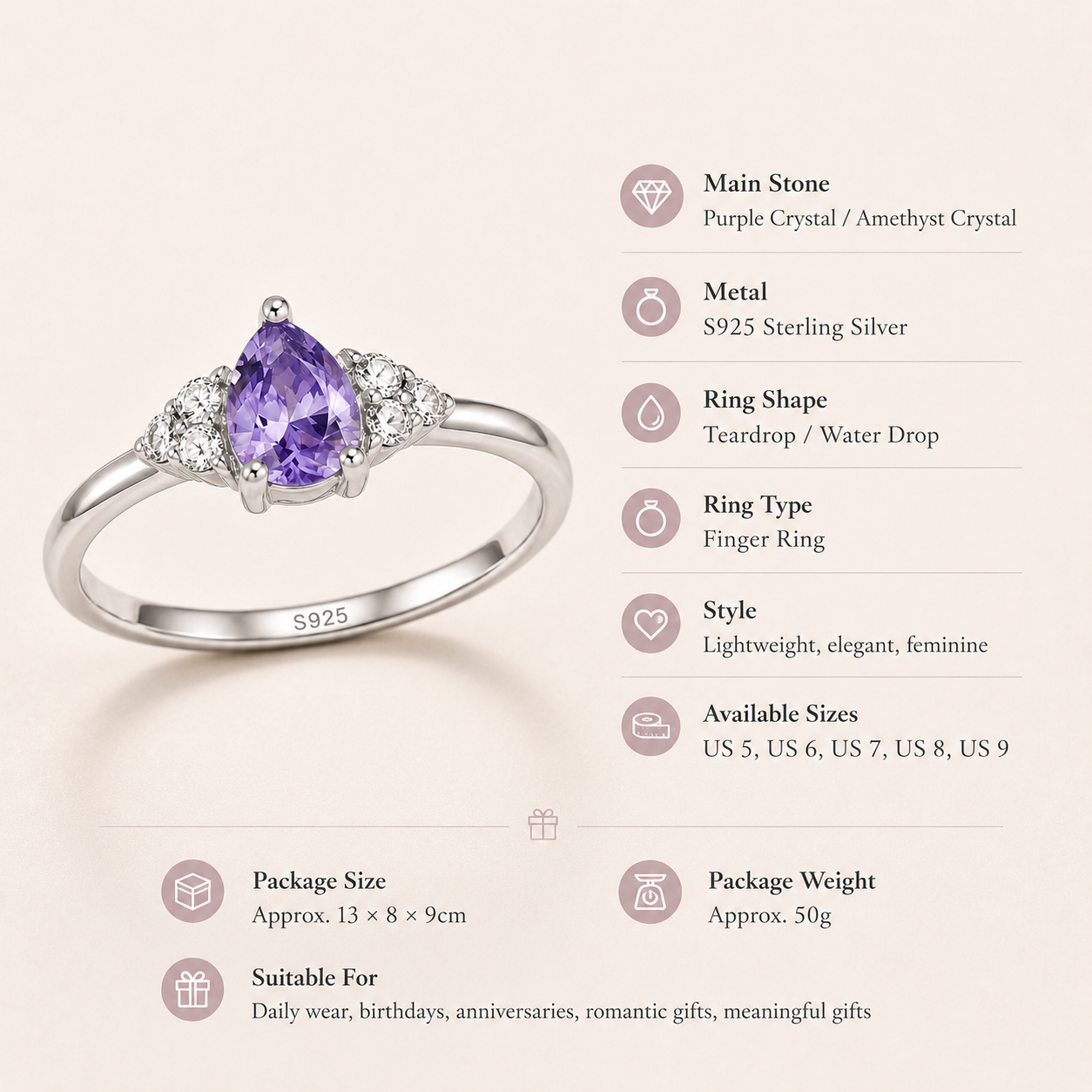 Purple Crystal Teardrop Ring S925 Sterling Silver - Detail Close-up