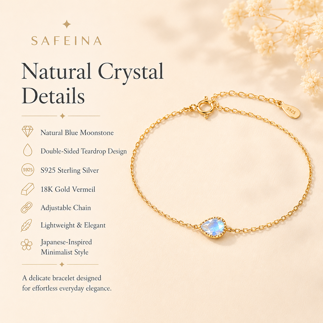 Japanese Minimalist Blue Moonstone Teardrop Bracelet - Detail Close-up
