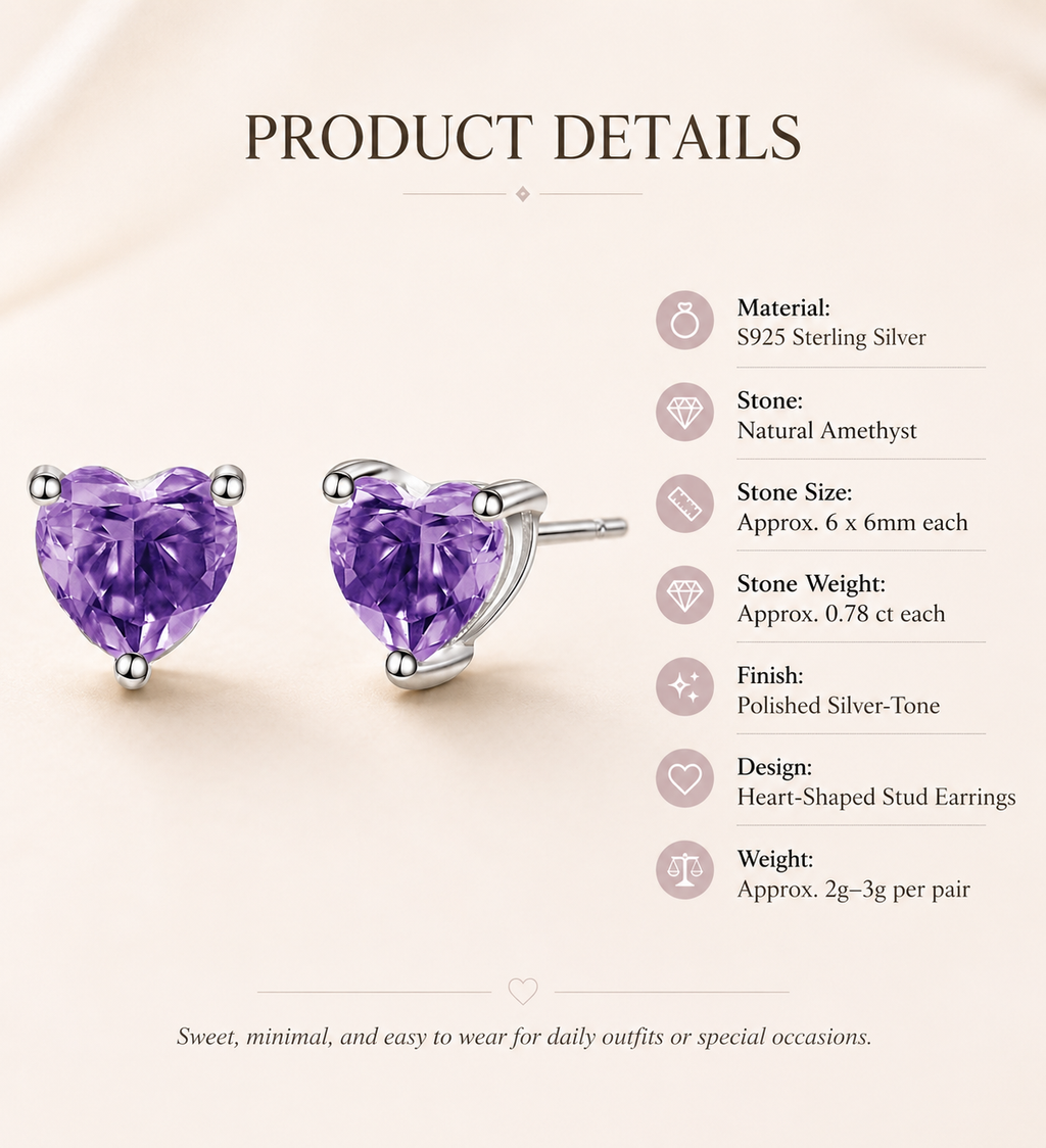 Amethyst Sterling Silver Heart Stud Earrings - Detail Close-up
