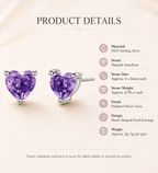 Amethyst Sterling Silver Heart Stud Earrings - Detail Close-up