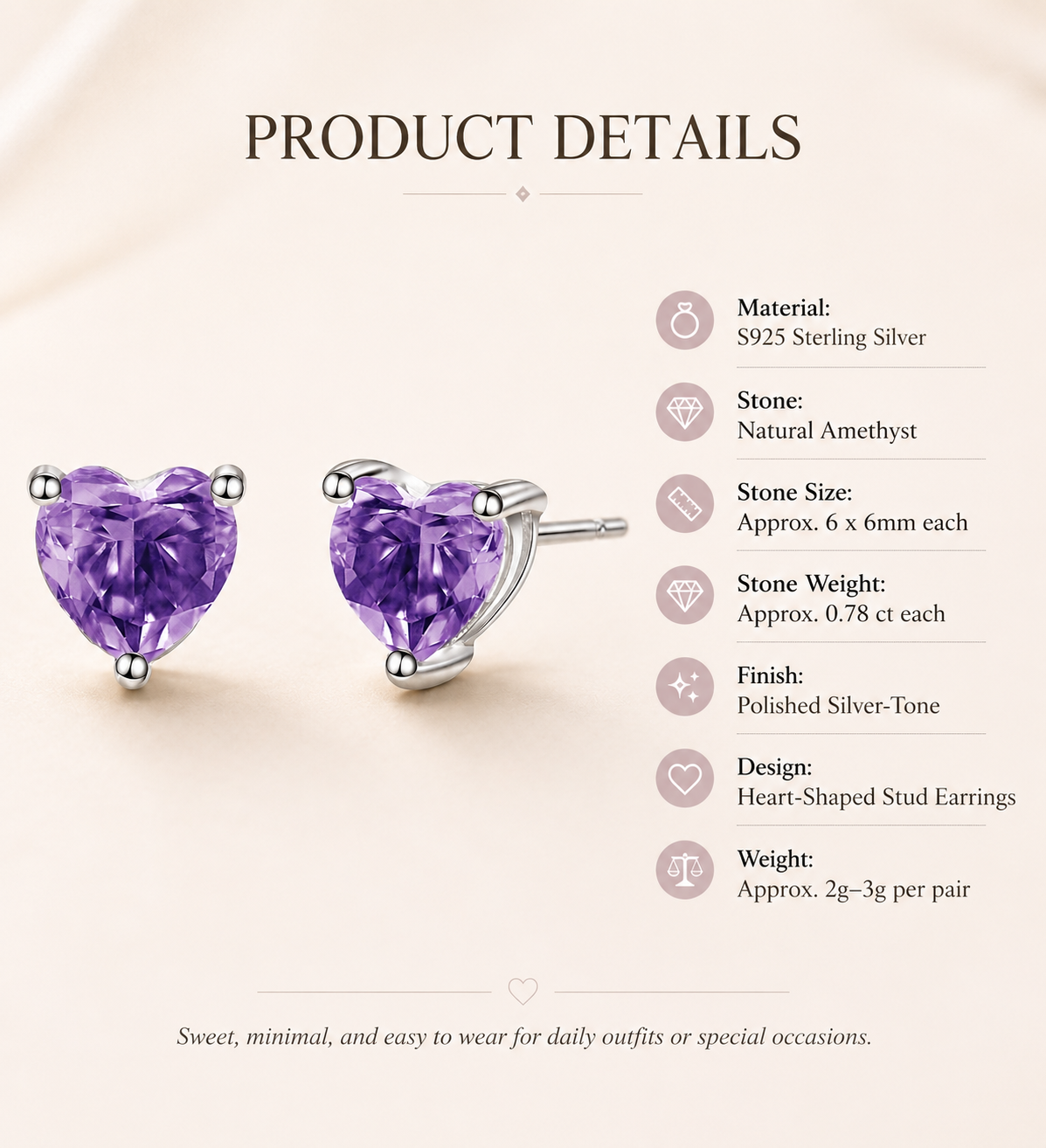Amethyst Sterling Silver Heart Stud Earrings - Detail Close-up