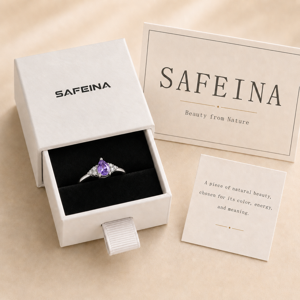 Purple Crystal Teardrop Ring in S925 Sterling Silver