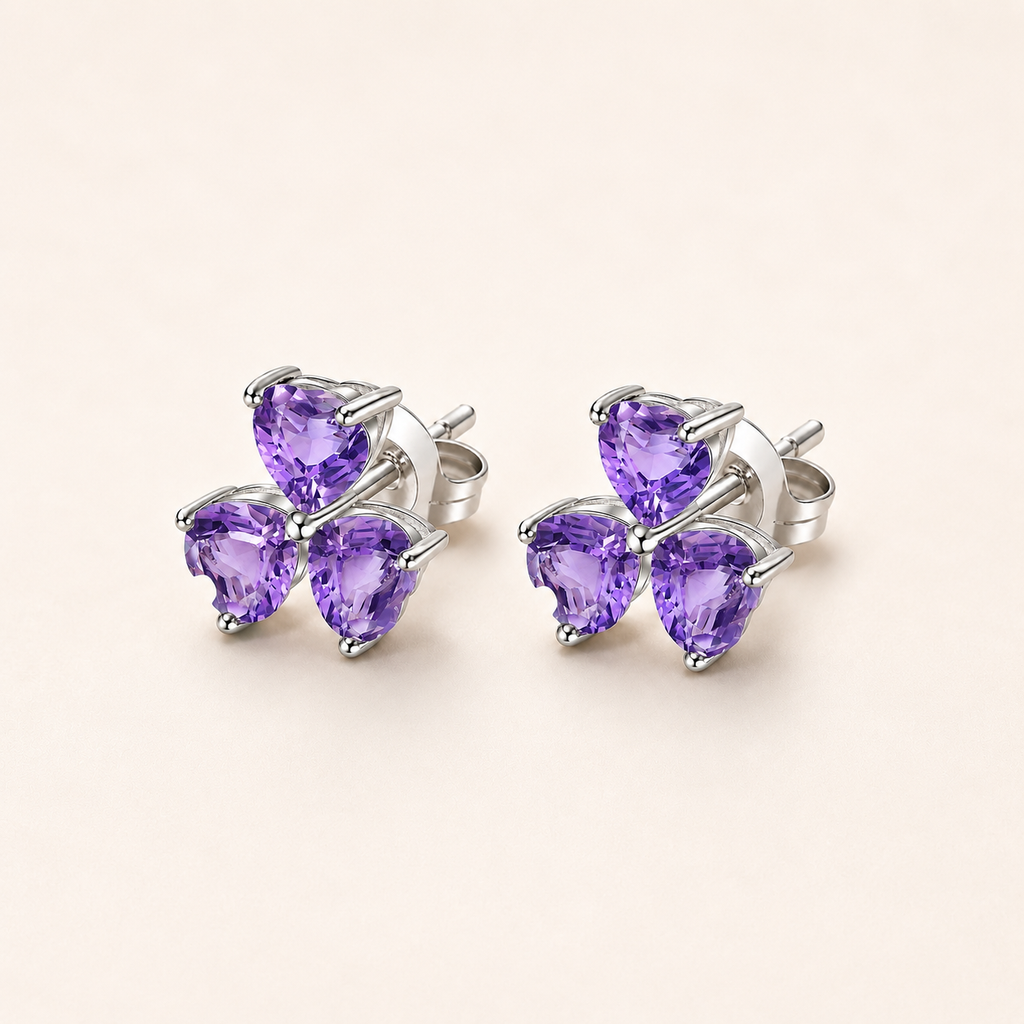 Amethyst Sterling Silver Flower Stud Earrings - Front View