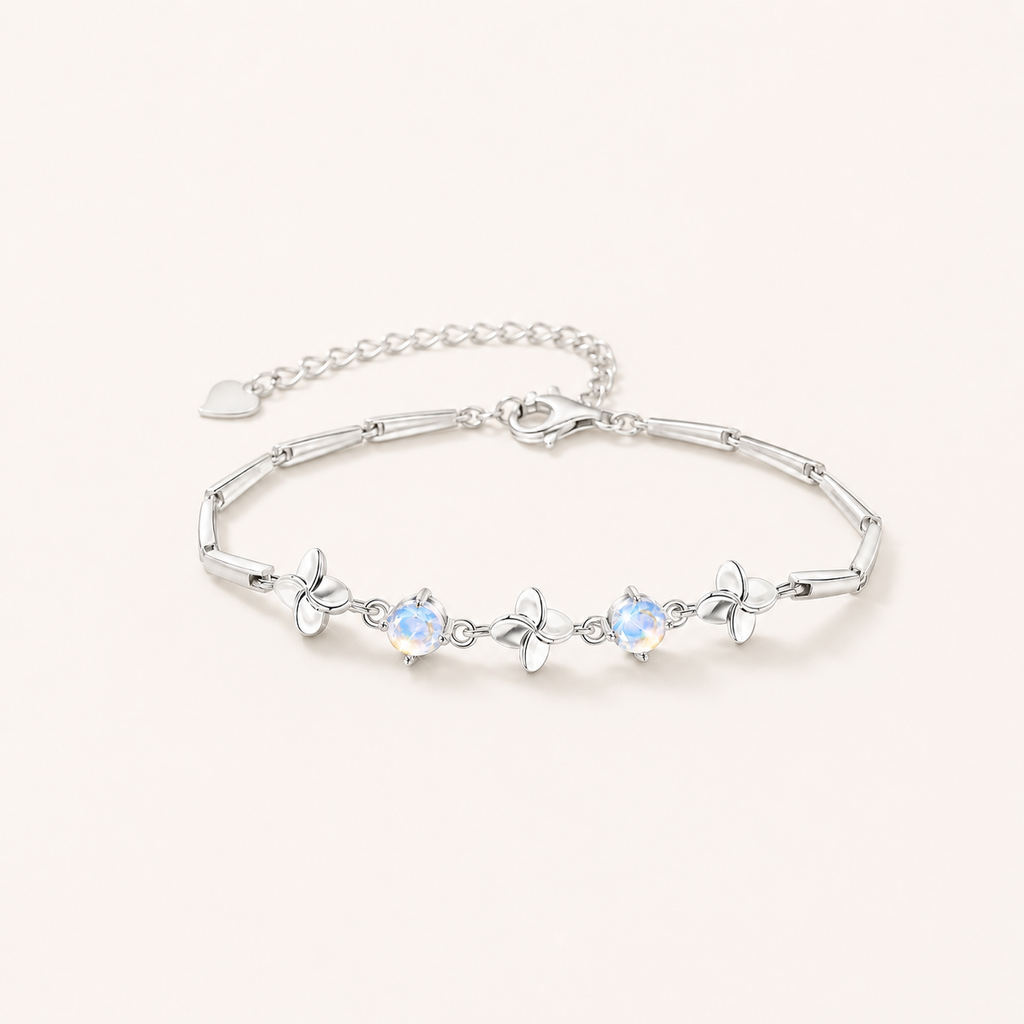 Moonstone Sterling Silver Clover Bracelet - Front View