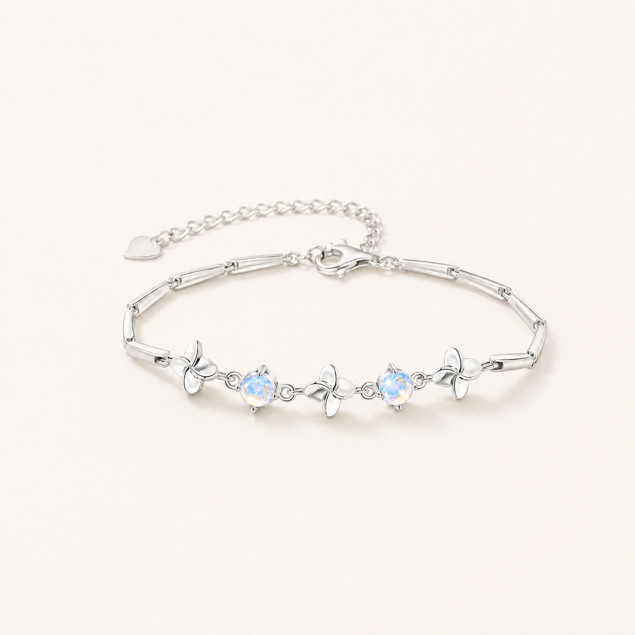 Moonstone Sterling Silver Clover Bracelet - Front View