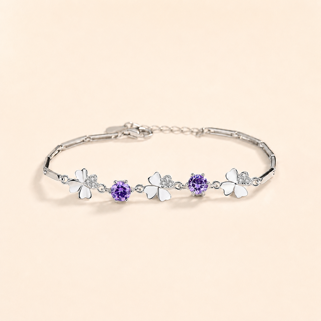 Amethyst Sterling Silver Clover Bracelet - Side View
