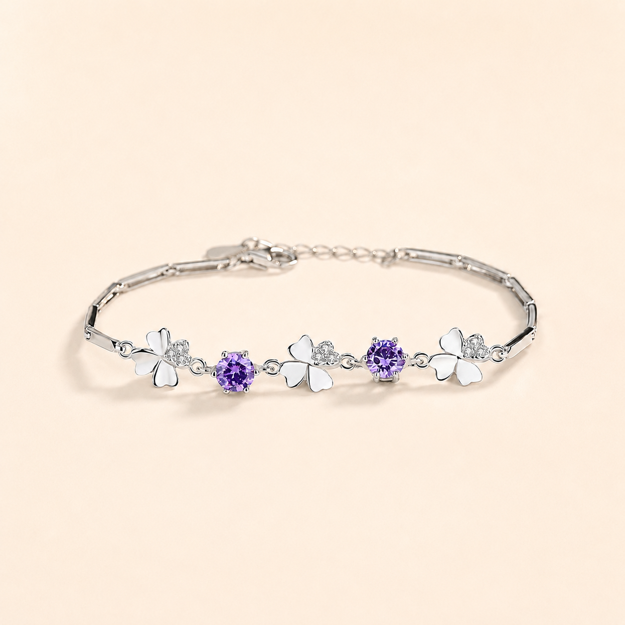 Amethyst Sterling Silver Clover Bracelet - Side View